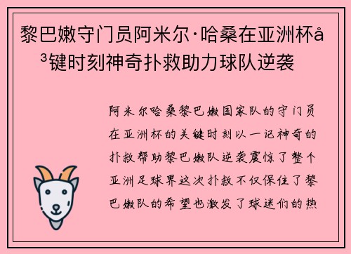 黎巴嫩守门员阿米尔·哈桑在亚洲杯关键时刻神奇扑救助力球队逆袭